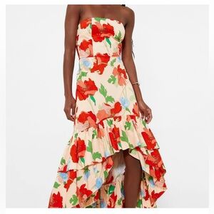 Hyacinth House- Tuckernuck XS Strapless Red Floral High-Low Maxi Dress